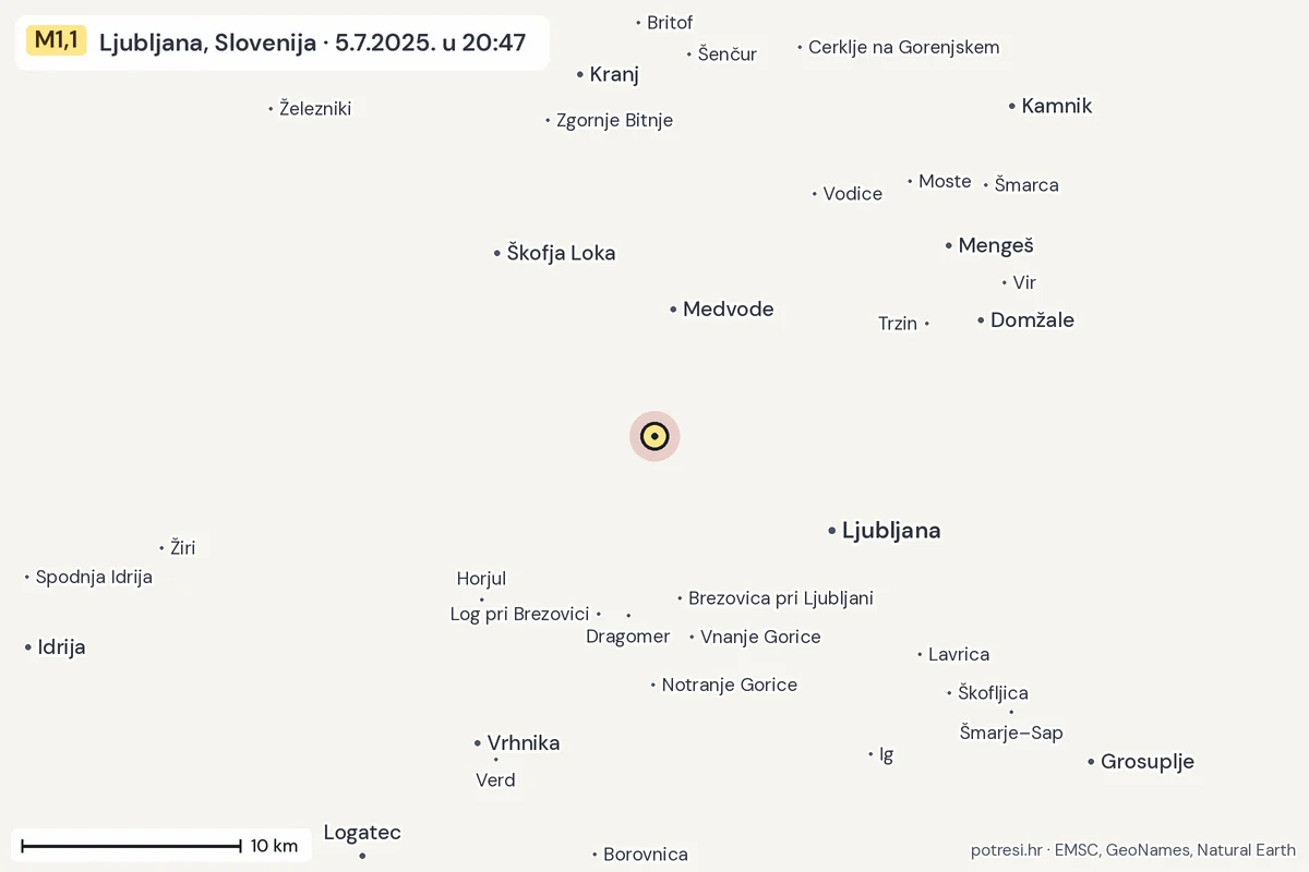 Karta: okolica epicentra, 60 km, potres M1,1, Ljubljana, Slovenija, 5.7.2025.