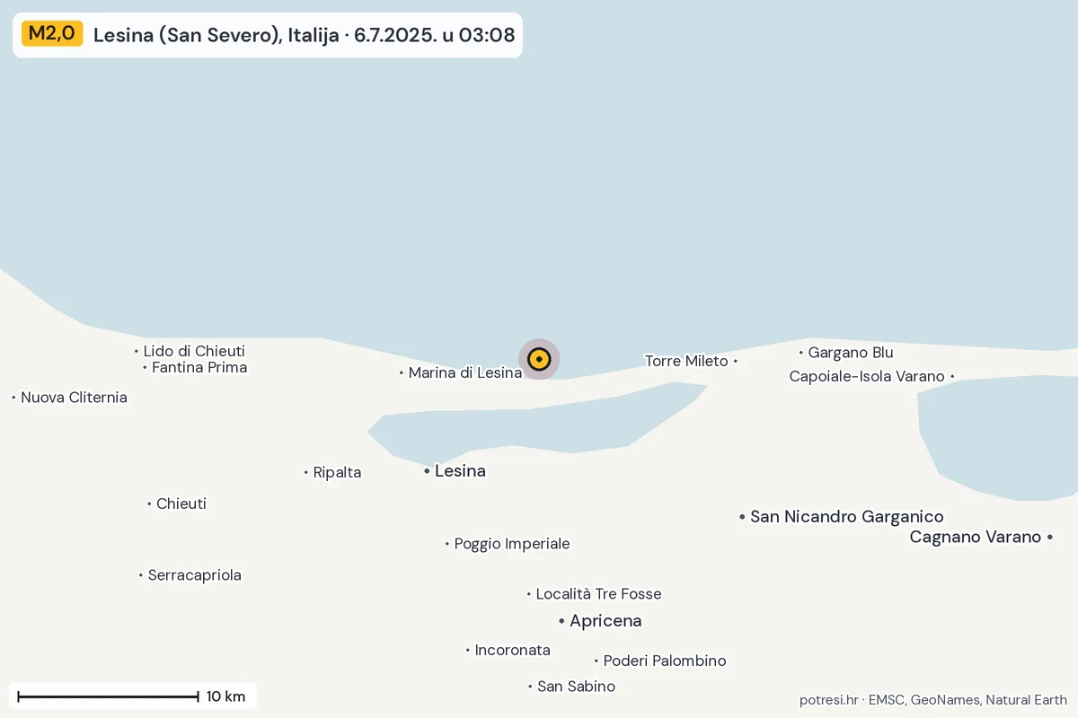 Karta: okolica epicentra, 60 km, potres M2,0, Lesina (San Severo), Italija, 6.7.2025.