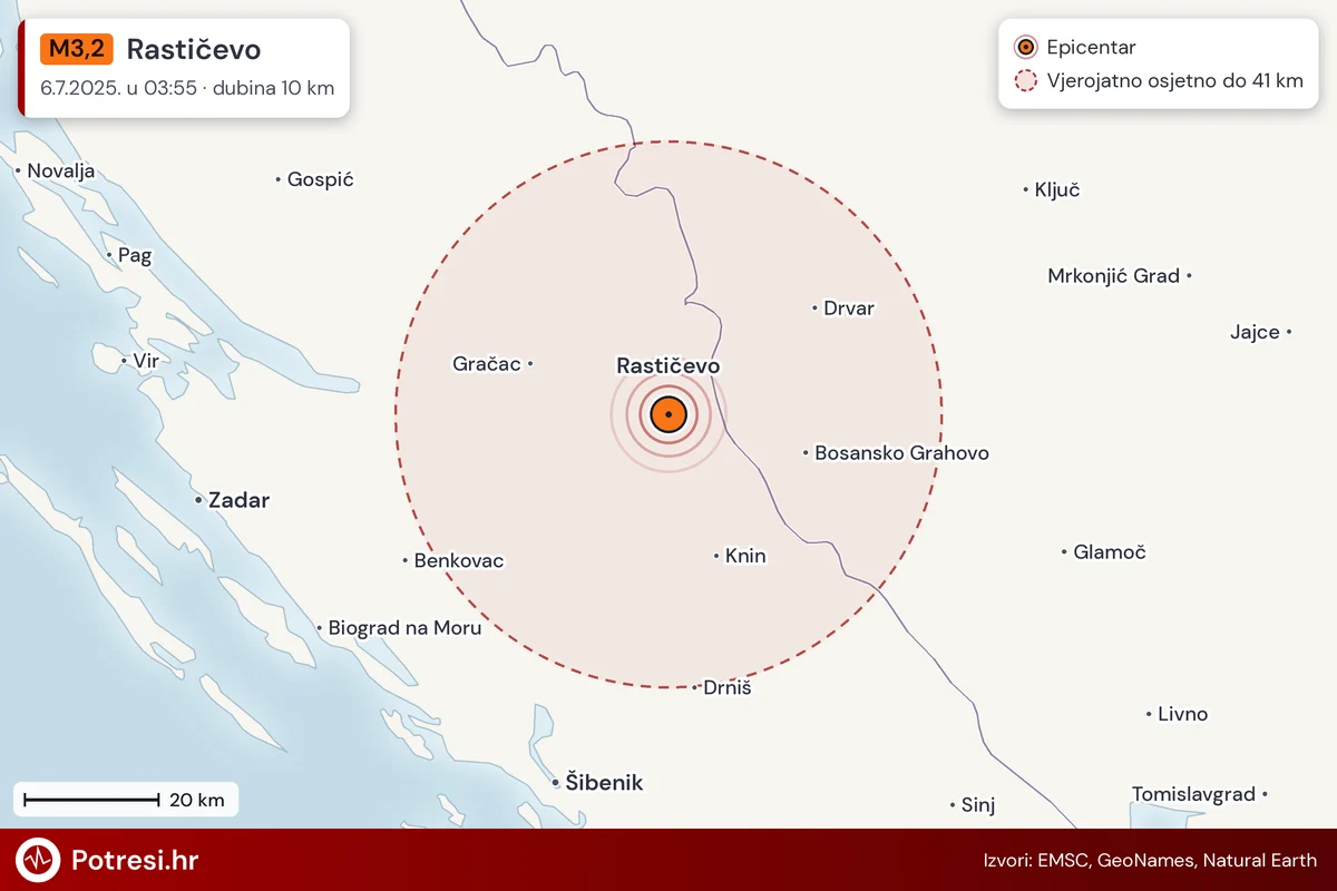 Karta: šire područje i vjerojatni doseg osjeta, potres M3,2, Rastičevo, 6.7.2025.