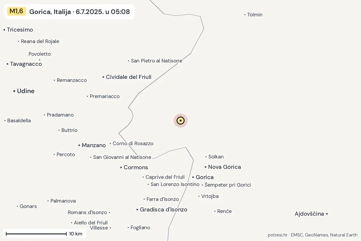 Karta: okolica epicentra, 60 km, potres M1,6, Gorica, Italija, 6.7.2025.