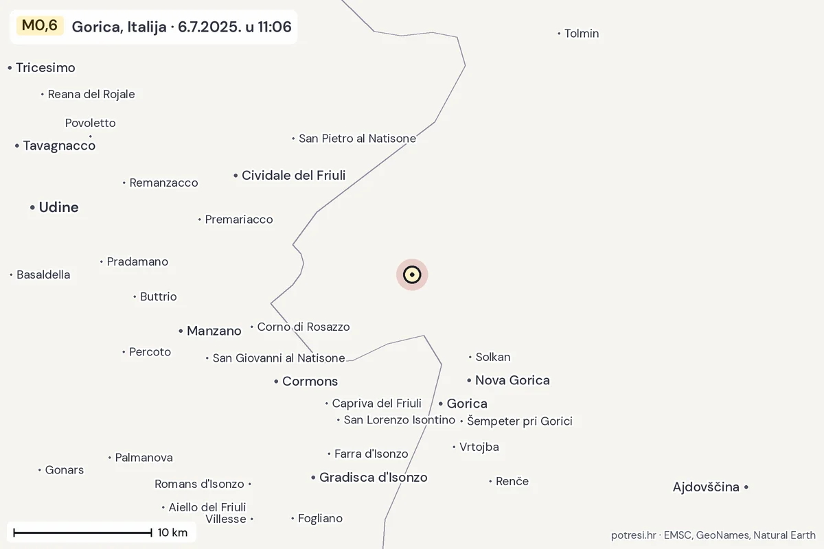 Karta: okolica epicentra, 60 km, potres M0,6, Gorica, Italija, 6.7.2025.