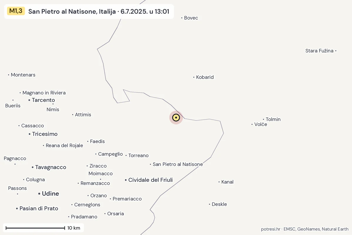 Karta: okolica epicentra, 60 km, potres M1,3, San Pietro al Natisone, Italija, 6.7.2025.
