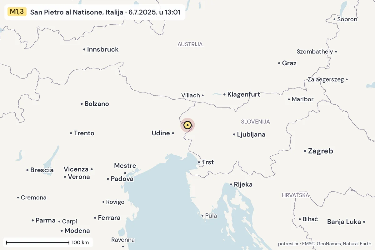 Karta: šire područje, 600 km, potres M1,3, San Pietro al Natisone, Italija, 6.7.2025.