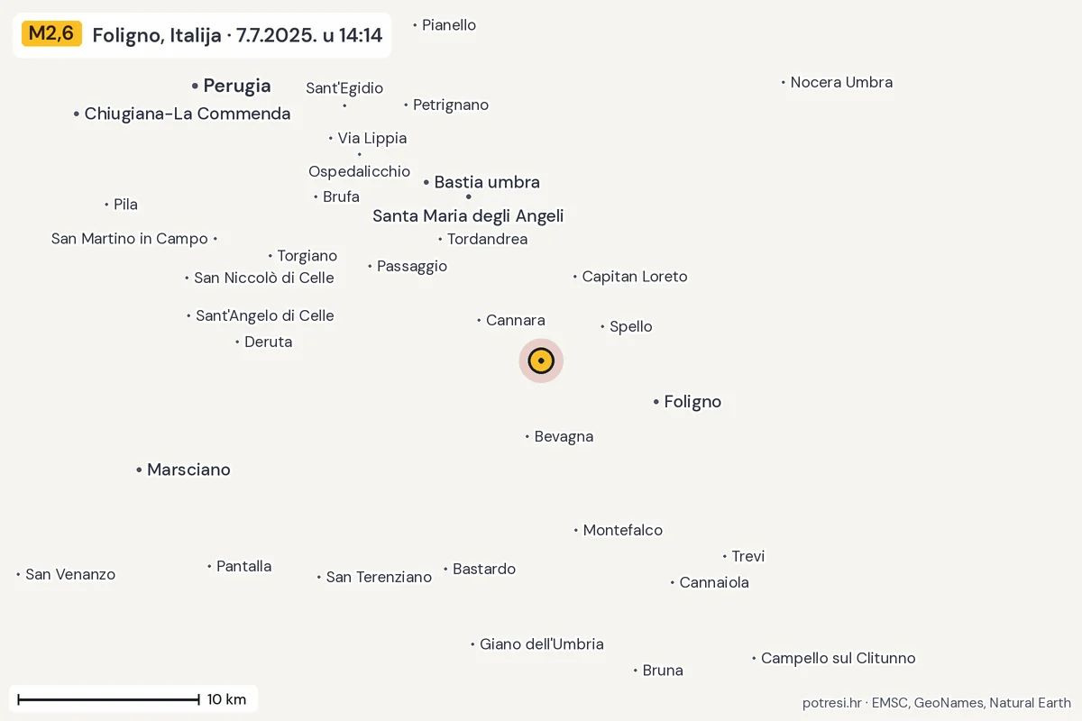 Karta: okolica epicentra, 60 km, potres M2,6, Foligno, Italija, 7.7.2025.