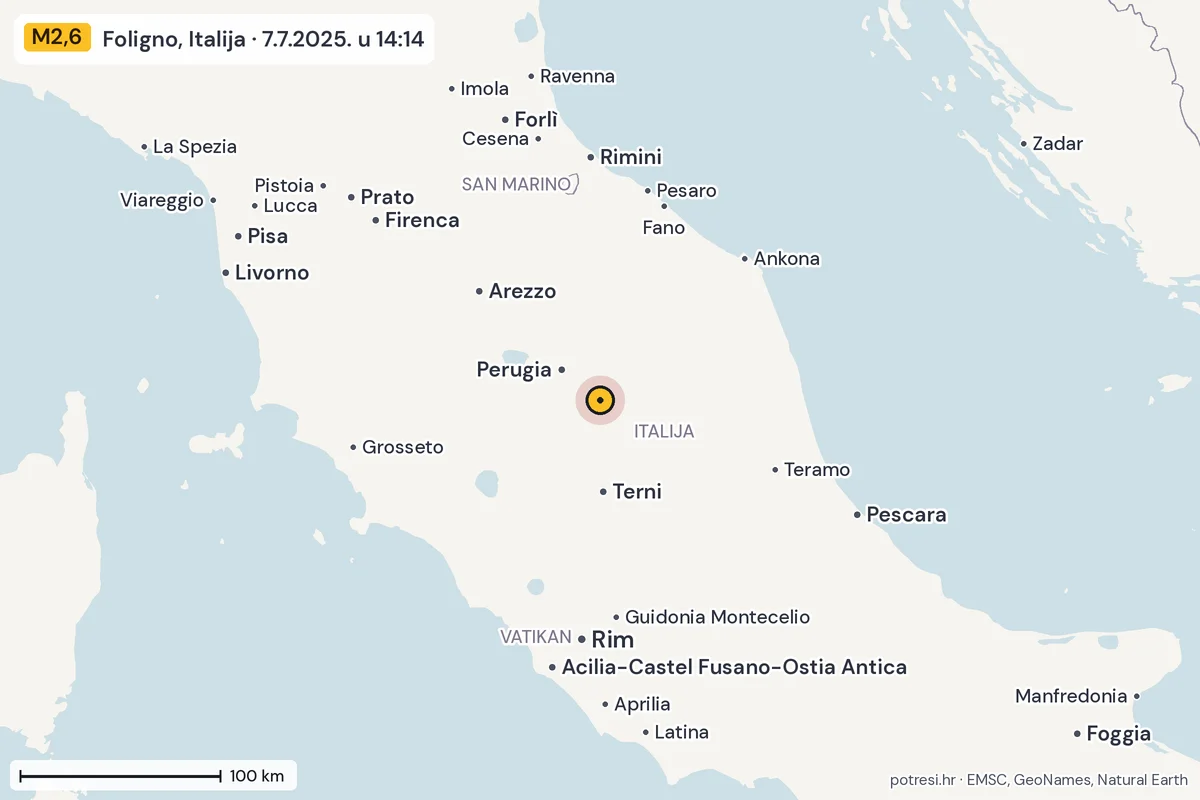 Karta: šire područje, 600 km, potres M2,6, Foligno, Italija, 7.7.2025.