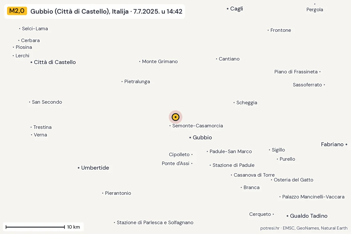 Karta: okolica epicentra, 60 km, potres M2,0, Gubbio (Città di Castello), Italija, 7.7.2025.