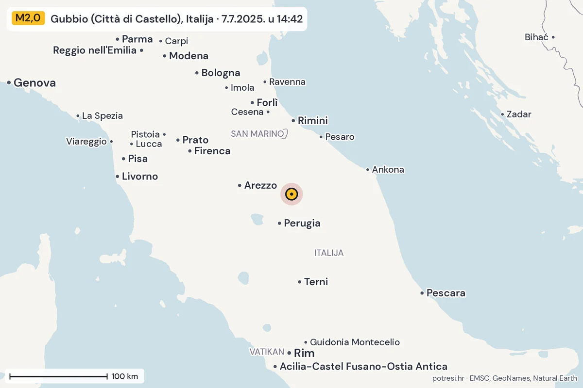 Karta: šire područje, 600 km, potres M2,0, Gubbio (Città di Castello), Italija, 7.7.2025.