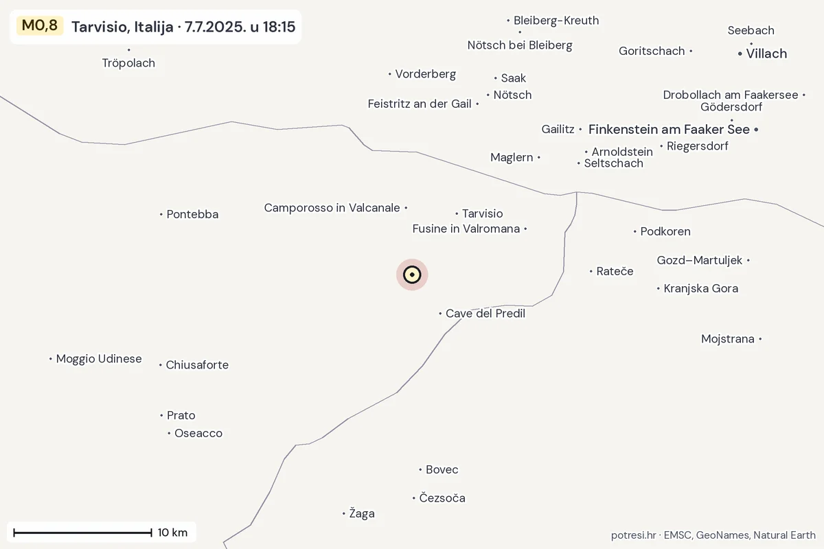 Karta: okolica epicentra, 60 km, potres M0,8, Tarvisio, Italija, 7.7.2025.