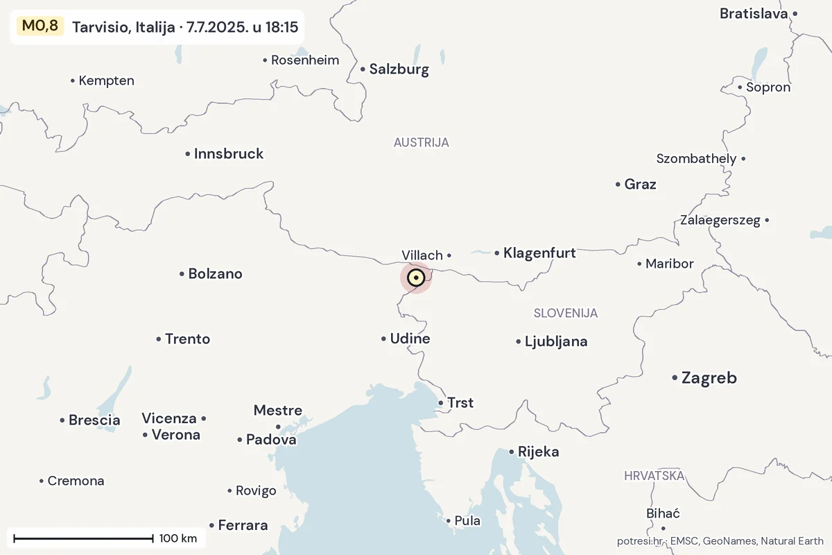 Karta: šire područje, 600 km, potres M0,8, Tarvisio, Italija, 7.7.2025.