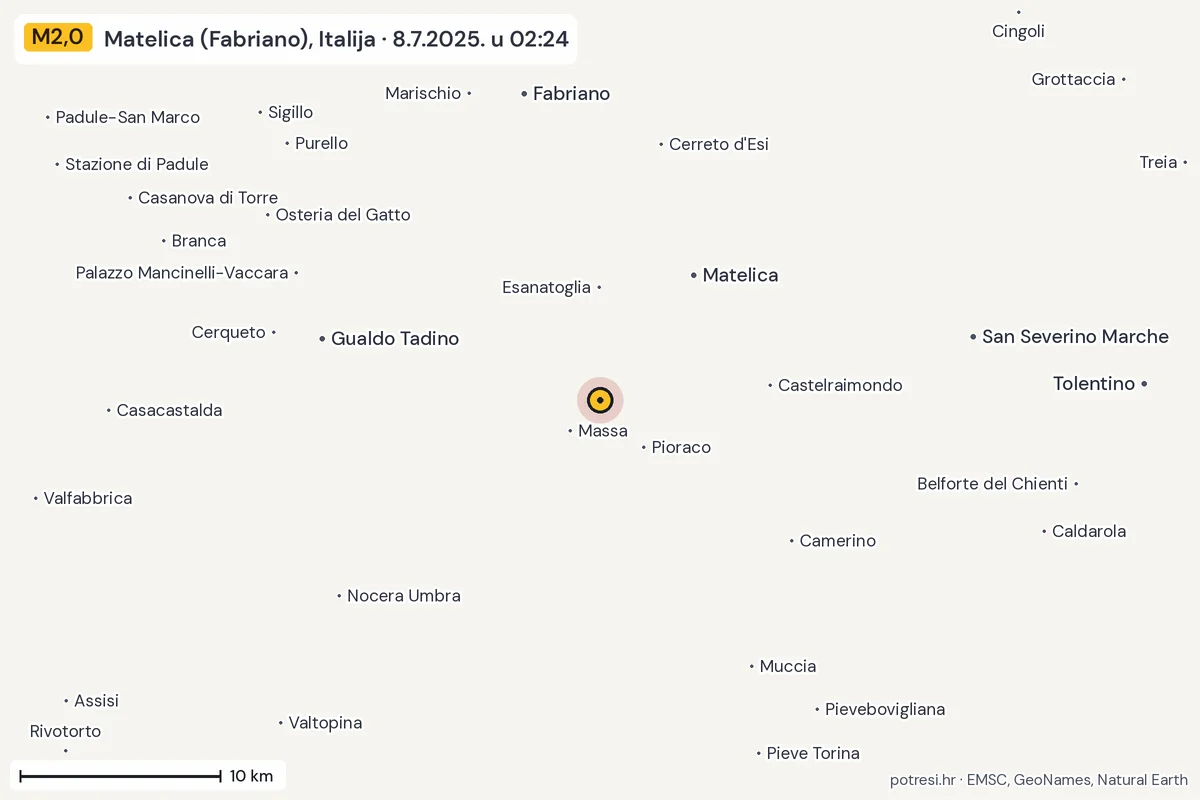 Karta: okolica epicentra, 60 km, potres M2,0, Matelica (Fabriano), Italija, 8.7.2025.