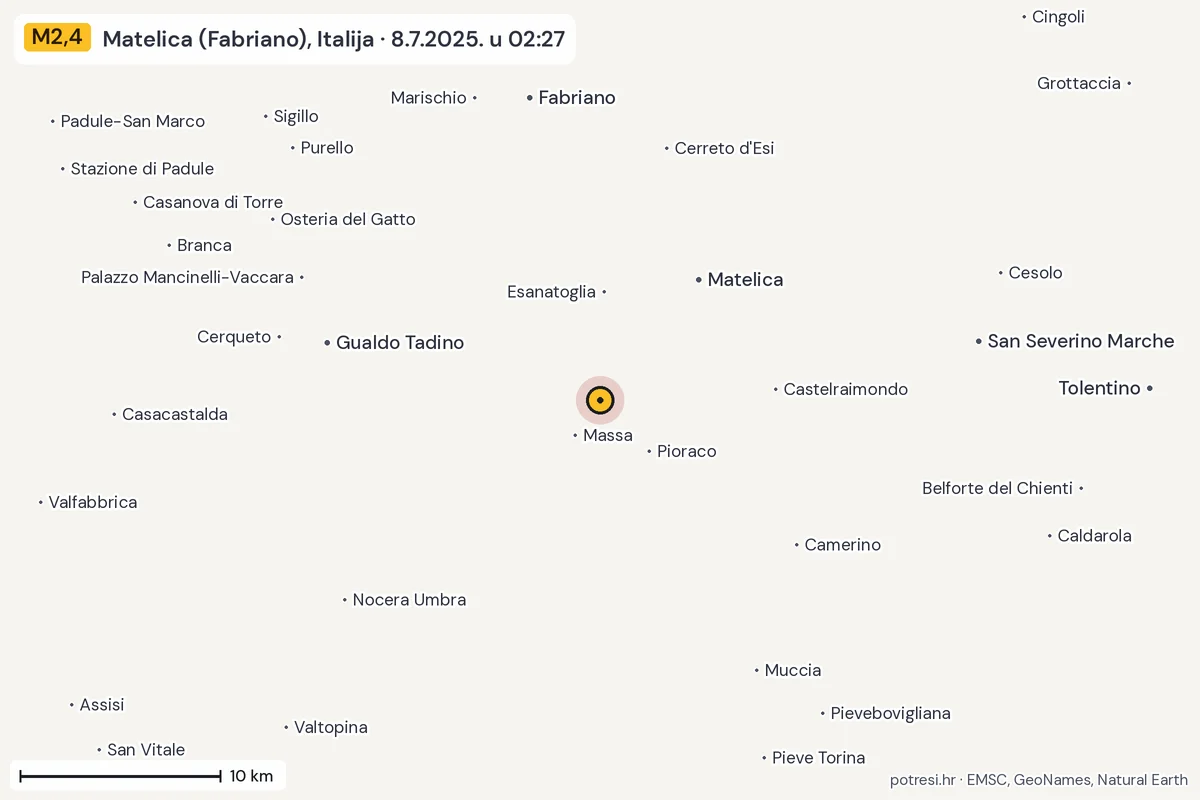 Karta: okolica epicentra, 60 km, potres M2,4, Matelica (Fabriano), Italija, 8.7.2025.