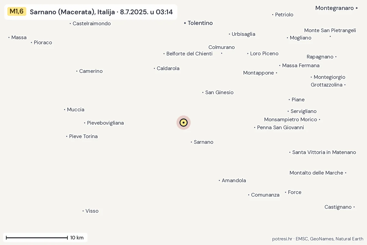 Karta: okolica epicentra, 60 km, potres M1,6, Sarnano (Macerata), Italija, 8.7.2025.
