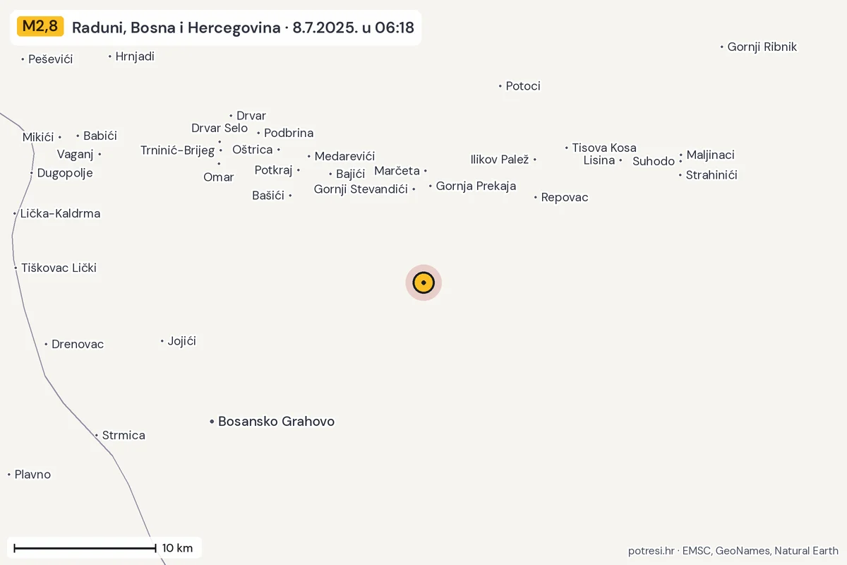 Karta: okolica epicentra, 60 km, potres M2,8, Raduni, Bosna i Hercegovina, 8.7.2025.