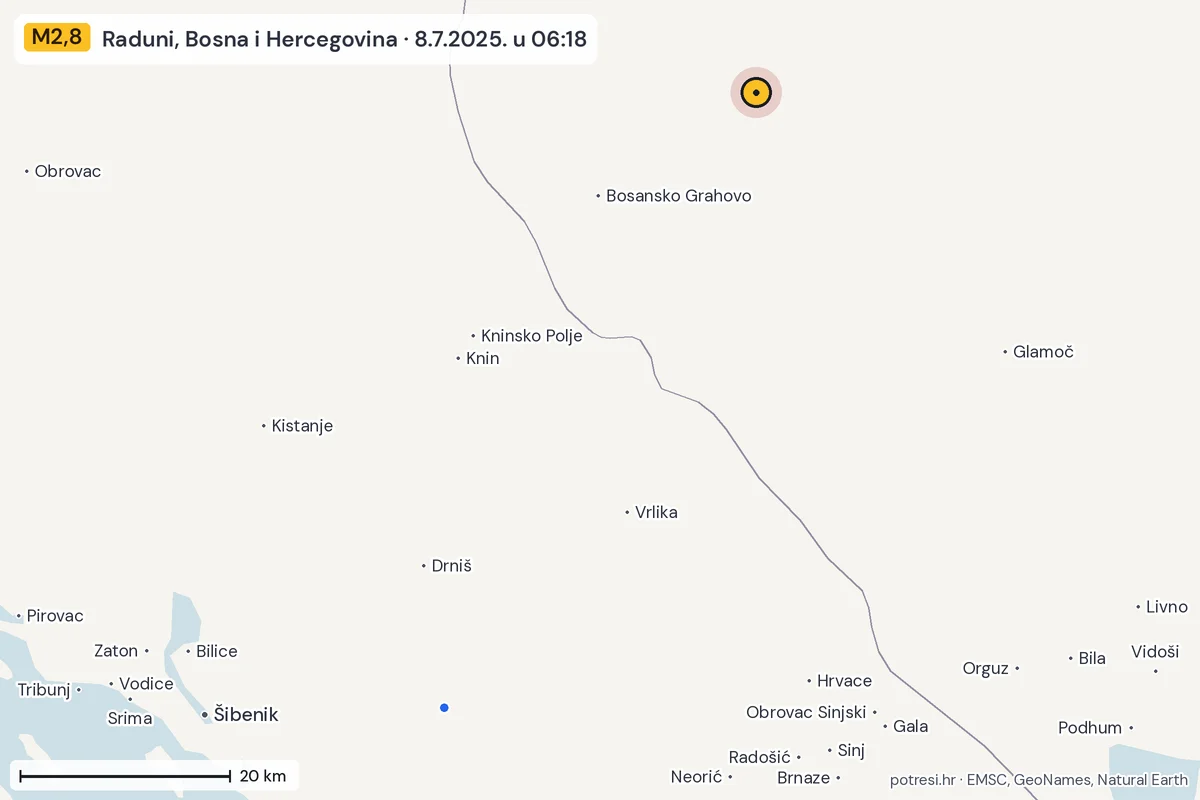 Karta: izvješća građana, potres M2,8, Raduni, Bosna i Hercegovina, 8.7.2025.