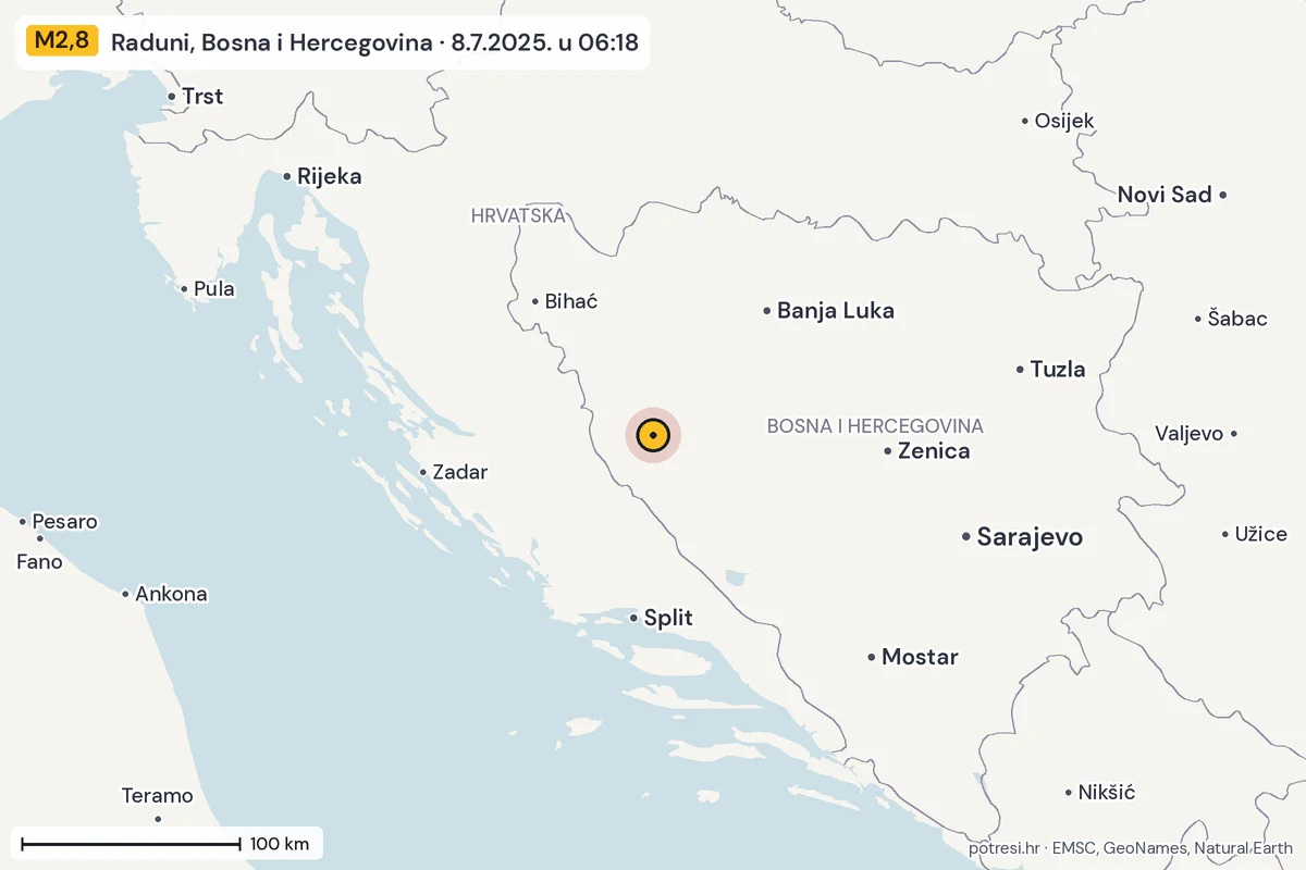 Karta: šire područje, 600 km, potres M2,8, Raduni, Bosna i Hercegovina, 8.7.2025.