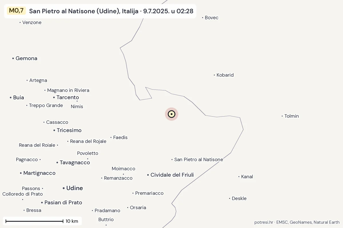 Karta: okolica epicentra, 60 km, potres M0,7, San Pietro al Natisone (Udine), Italija, 9.7.2025.