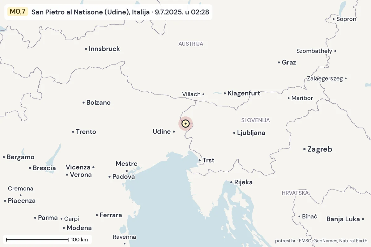 Karta: šire područje, 600 km, potres M0,7, San Pietro al Natisone (Udine), Italija, 9.7.2025.