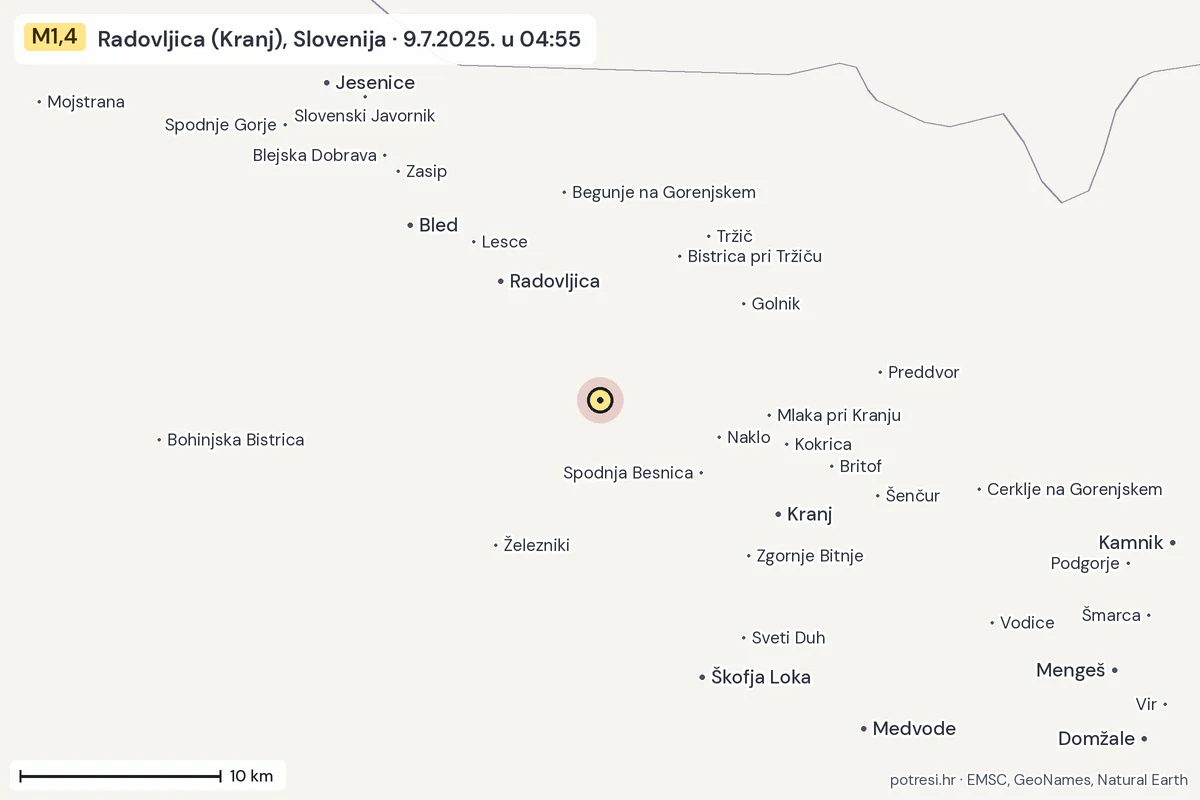Karta: okolica epicentra, 60 km, potres M1,4, Radovljica (Kranj), Slovenija, 9.7.2025.