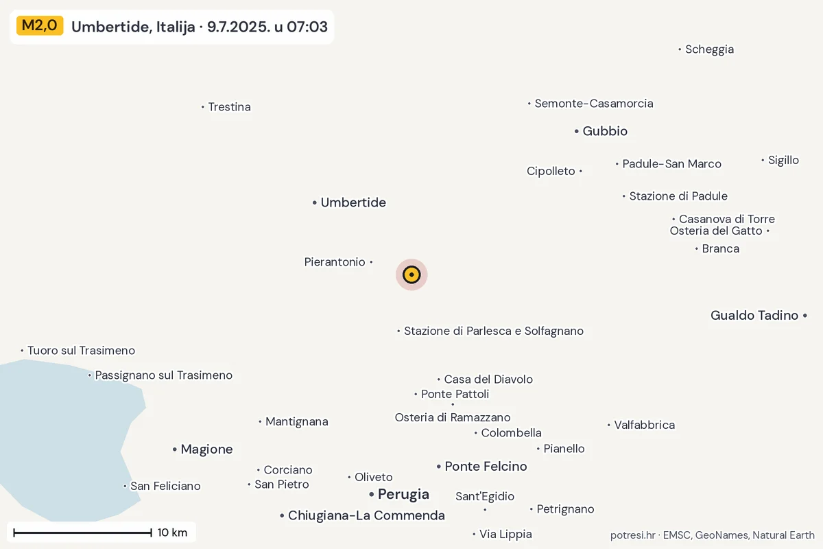 Karta: okolica epicentra, 60 km, potres M2,0, Umbertide, Italija, 9.7.2025.