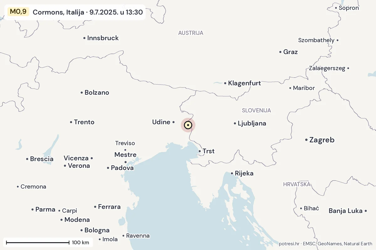Karta: šire područje, 600 km, potres M0,9, Cormons, Italija, 9.7.2025.