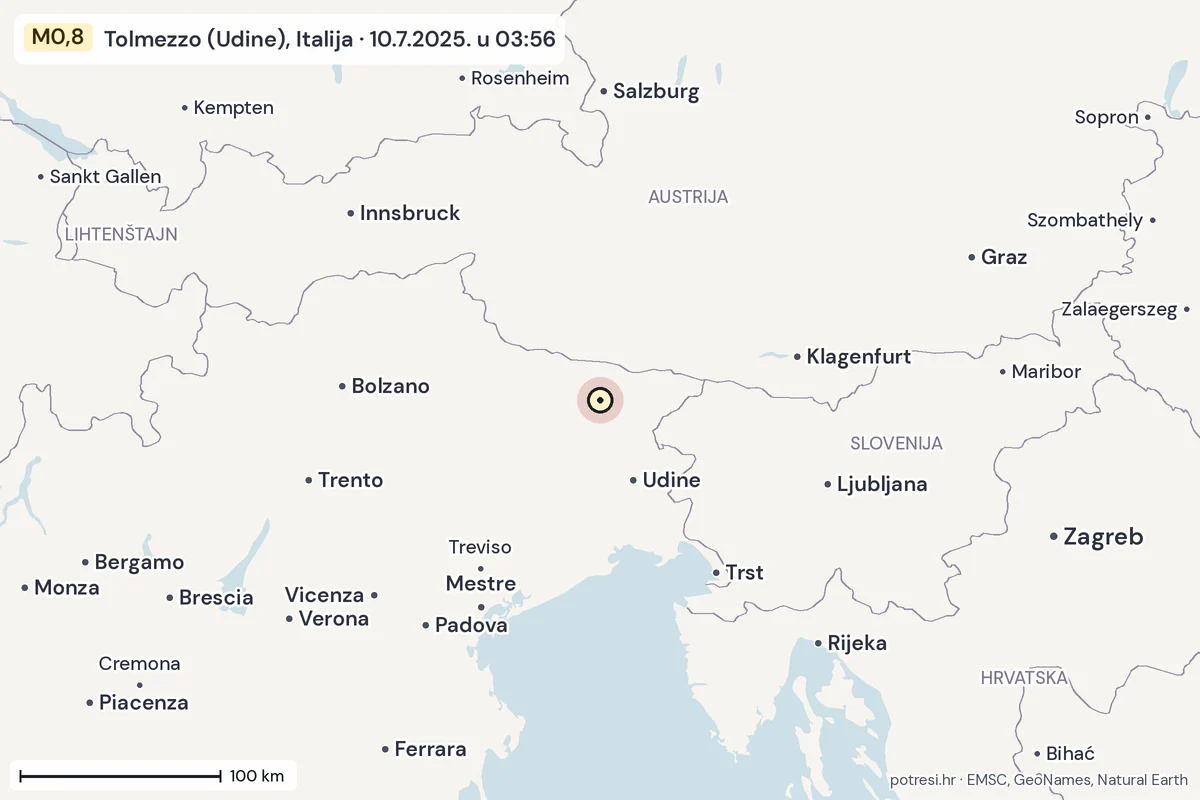 Karta: šire područje, 600 km, potres M0,8, Tolmezzo (Udine), Italija, 10.7.2025.