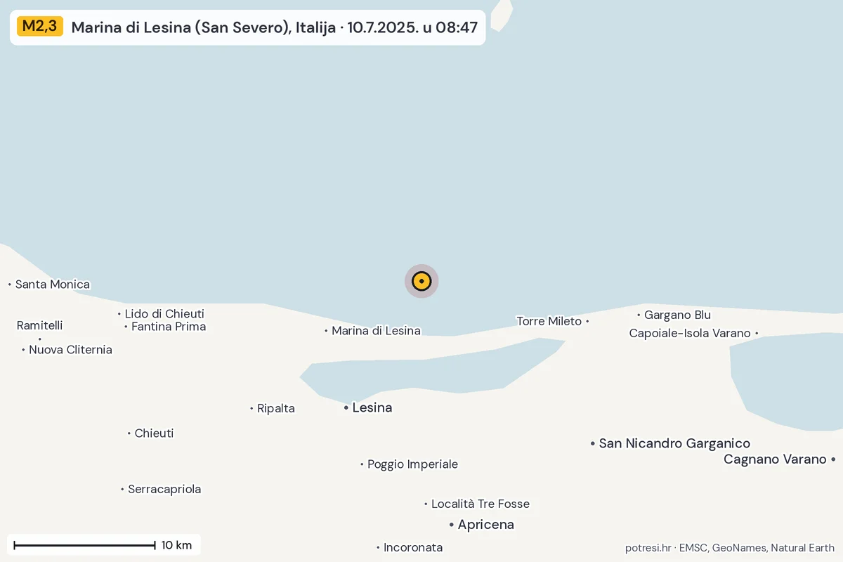 Karta: okolica epicentra, 60 km, potres M2,3, Marina di Lesina (San Severo), Italija, 10.7.2025.