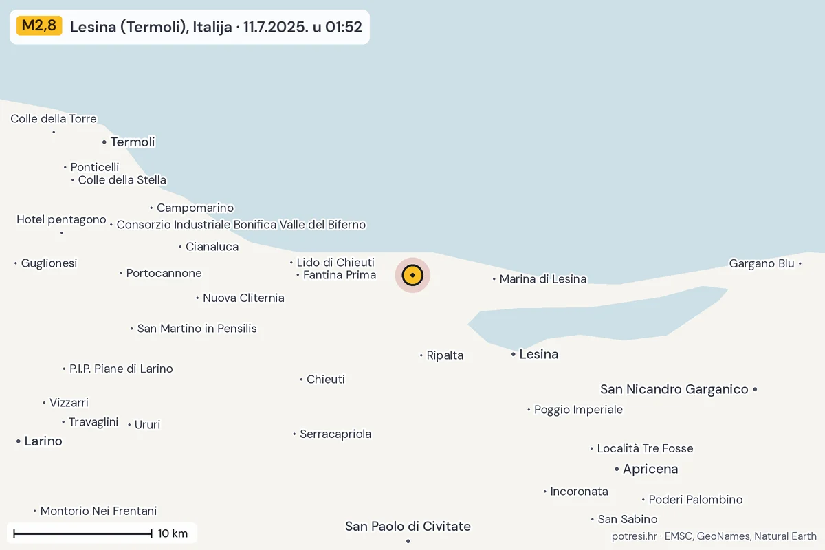Karta: okolica epicentra, 60 km, potres M2,8, Lesina (Termoli), Italija, 11.7.2025.