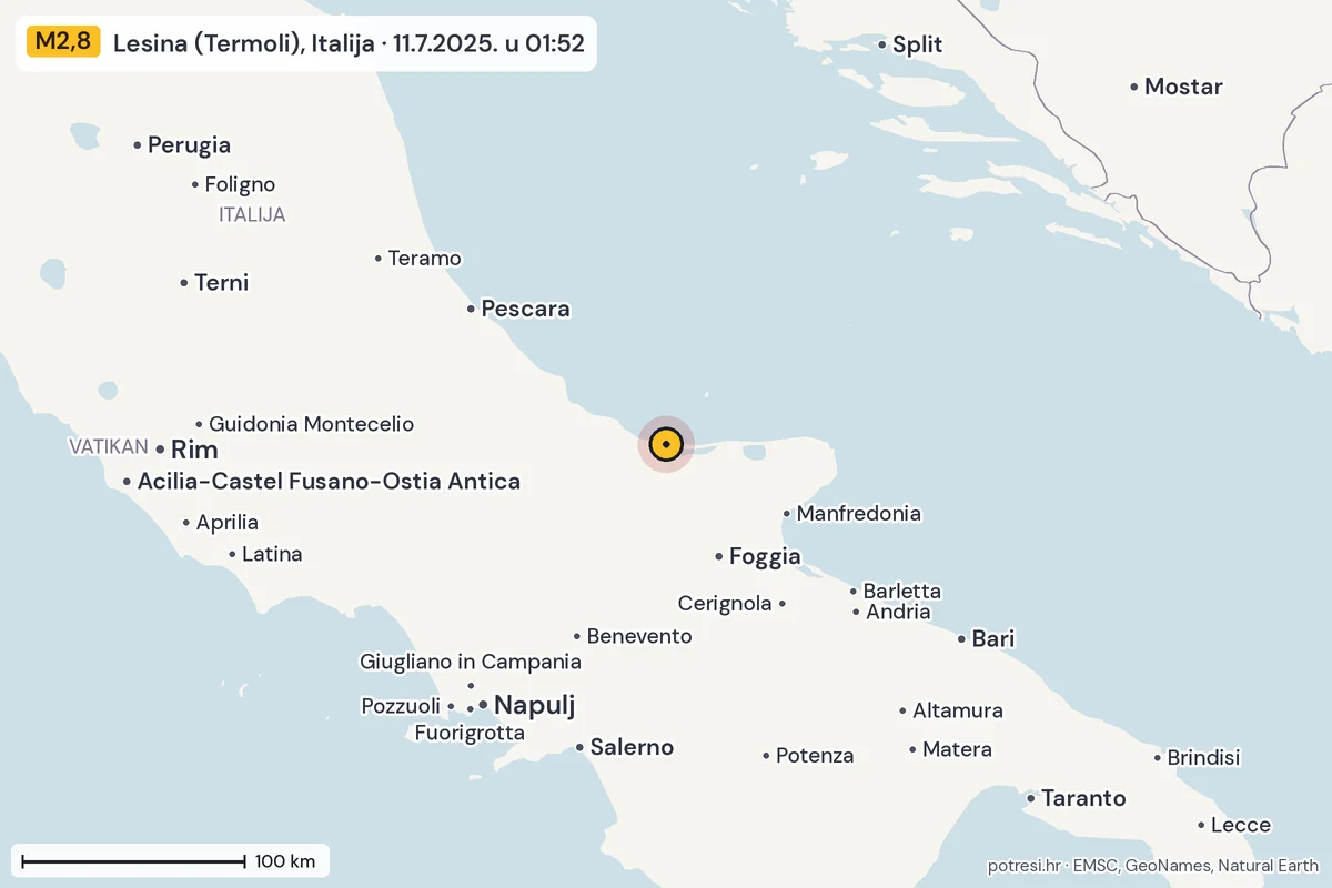 Karta: šire područje, 600 km, potres M2,8, Lesina (Termoli), Italija, 11.7.2025.