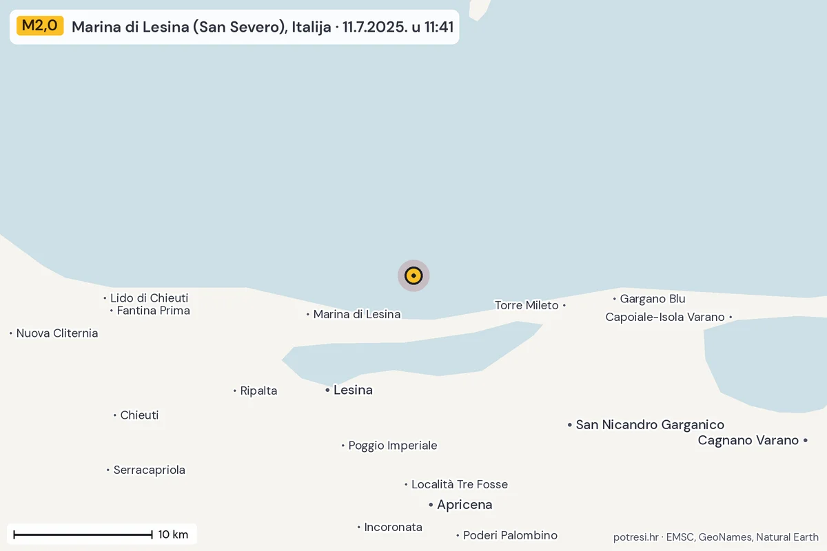 Karta: okolica epicentra, 60 km, potres M2,0, Marina di Lesina (San Severo), Italija, 11.7.2025.
