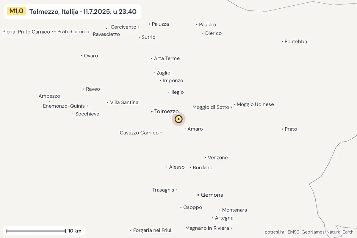Karta: okolica epicentra, 60 km, potres M1,0, Tolmezzo, Italija, 11.7.2025.