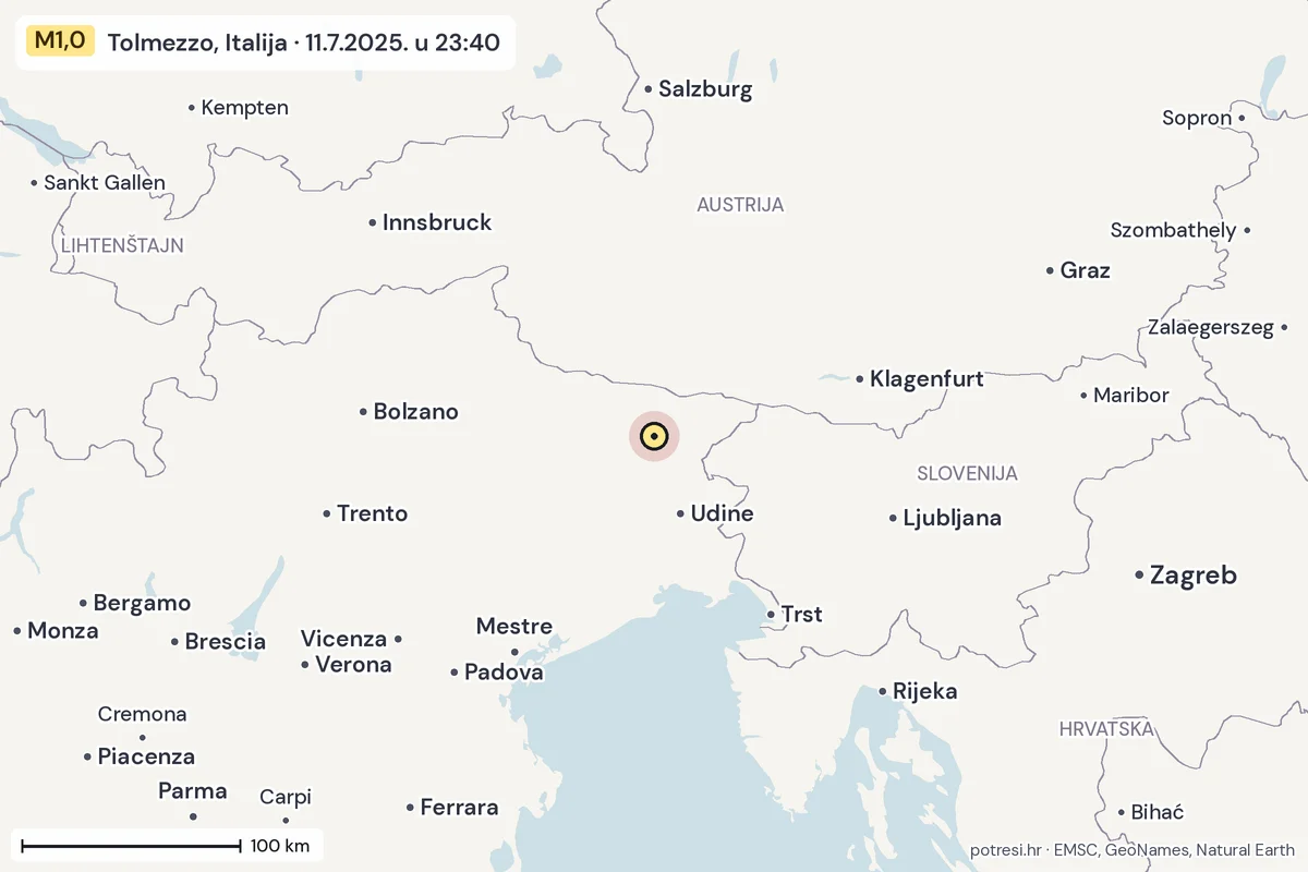 Karta: šire područje, 600 km, potres M1,0, Tolmezzo, Italija, 11.7.2025.