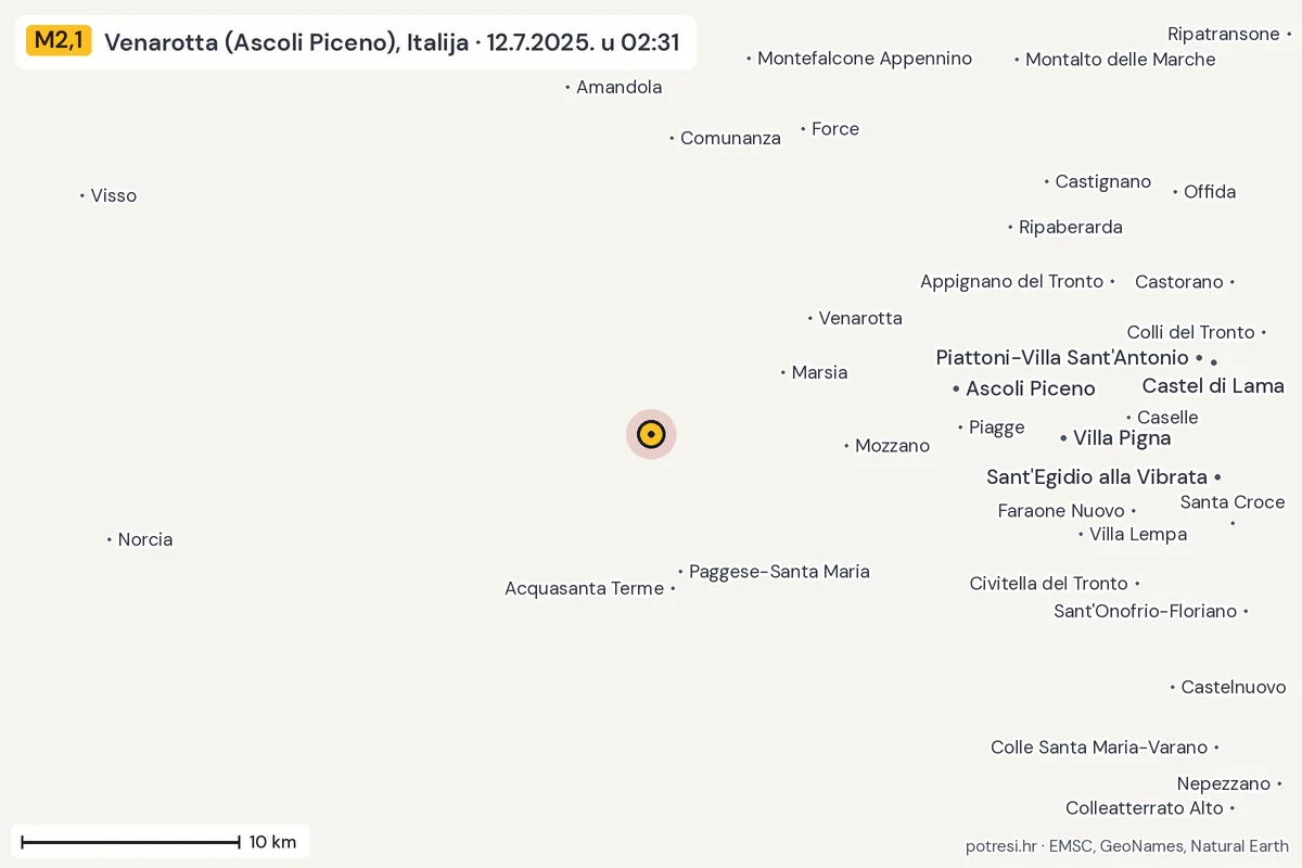 Karta: okolica epicentra, 60 km, potres M2,1, Venarotta (Ascoli Piceno), Italija, 12.7.2025.
