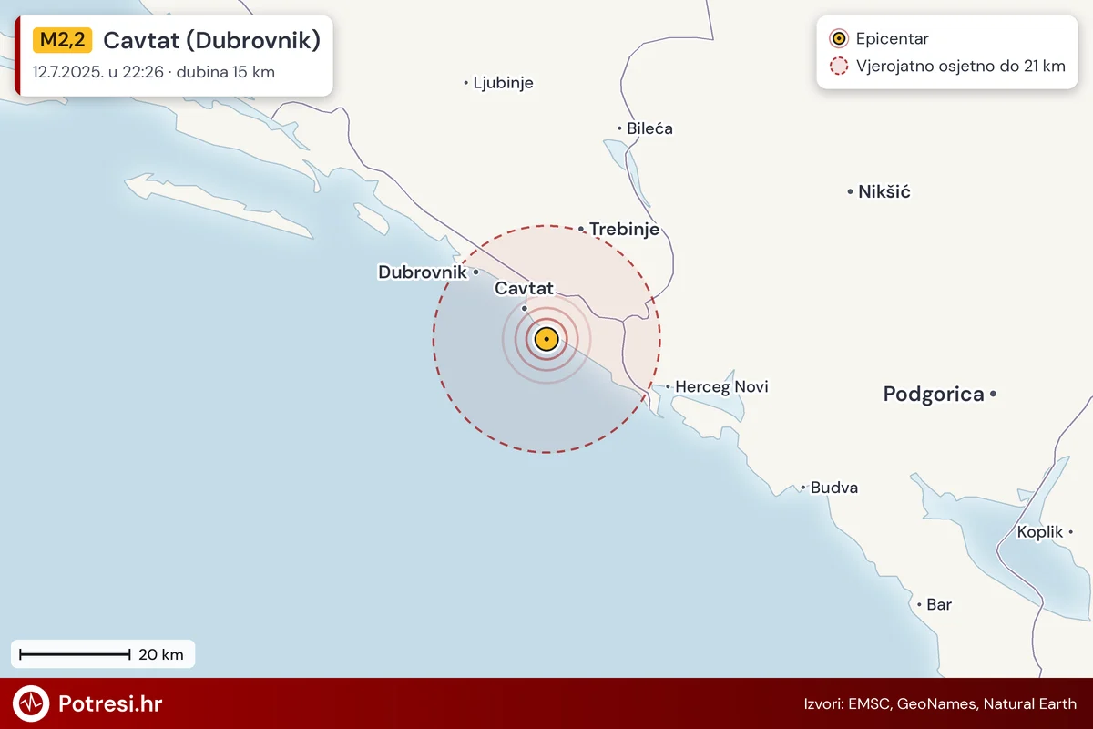 Karta: šire područje i vjerojatni doseg osjeta, potres M2,2, Cavtat (Dubrovnik), 12.7.2025.