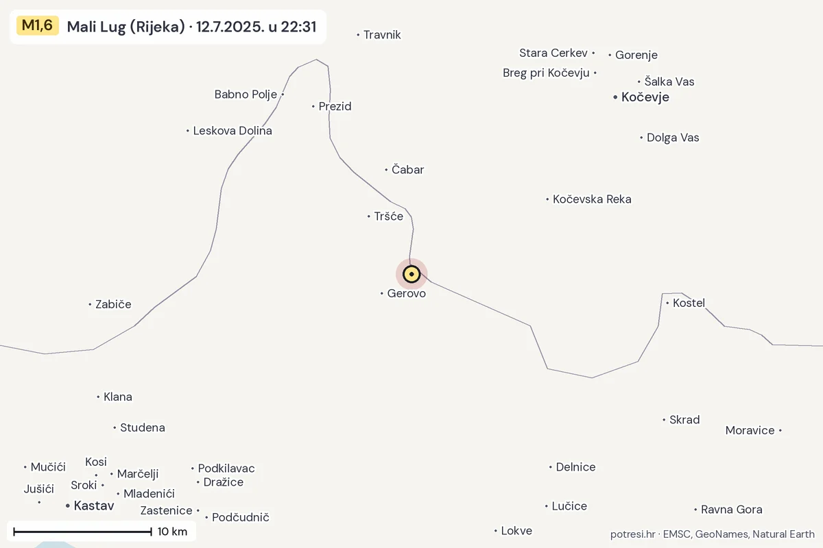 Karta: okolica epicentra, 60 km, potres M1,6, Mali Lug (Rijeka), 12.7.2025.
