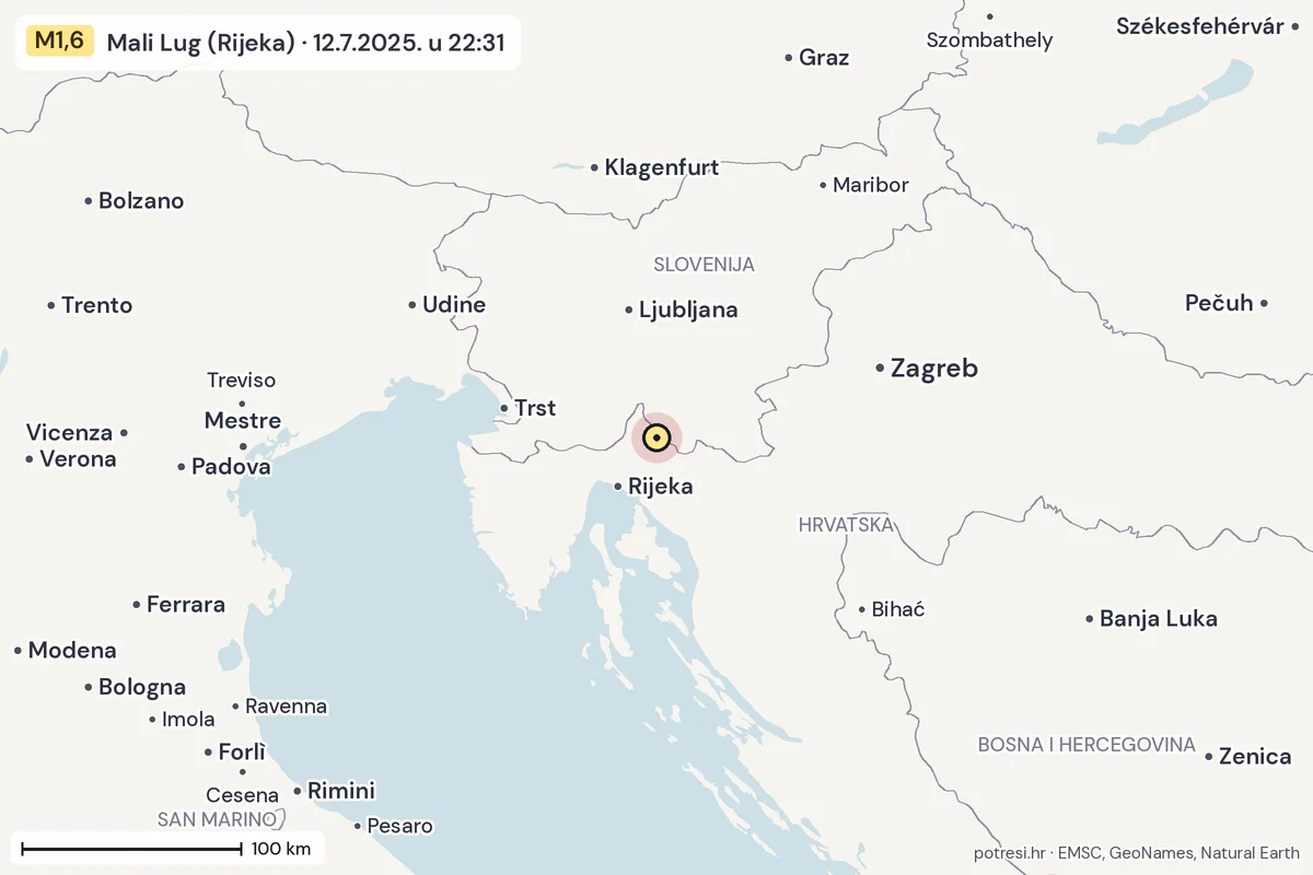 Karta: šire područje, 600 km, potres M1,6, Mali Lug (Rijeka), 12.7.2025.