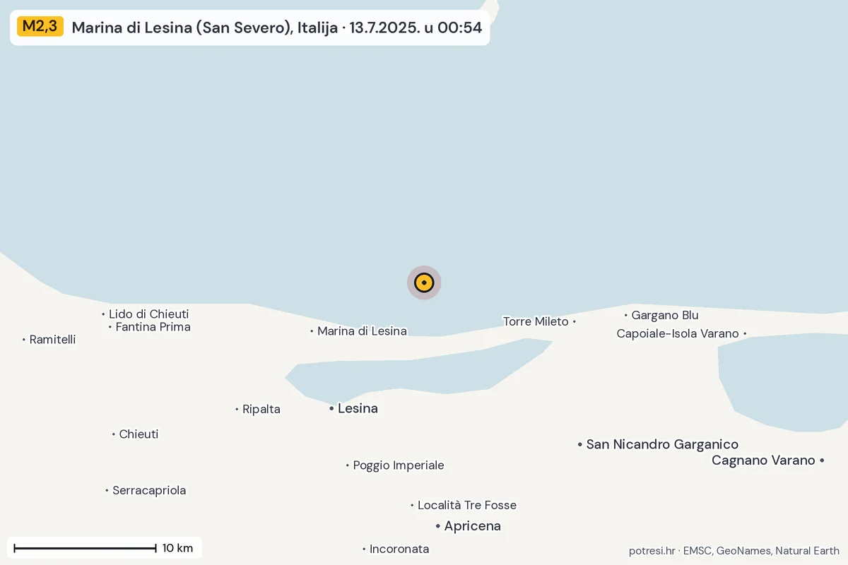 Karta: okolica epicentra, 60 km, potres M2,3, Marina di Lesina (San Severo), Italija, 13.7.2025.