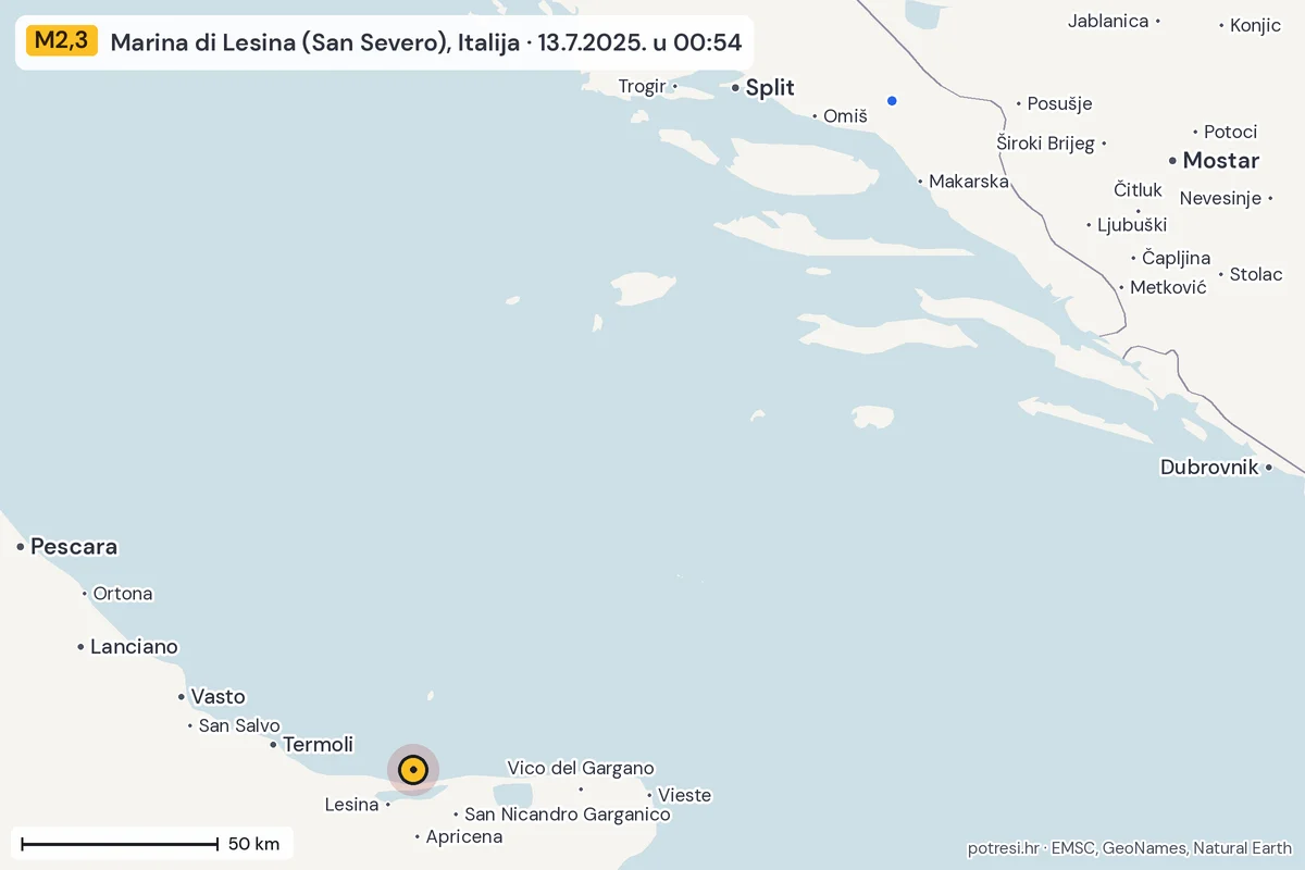 Karta: izvješća građana, potres M2,3, Marina di Lesina (San Severo), Italija, 13.7.2025.