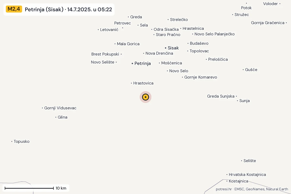 Karta: okolica epicentra, 60 km, potres M2,4, Petrinja (Sisak), 14.7.2025.
