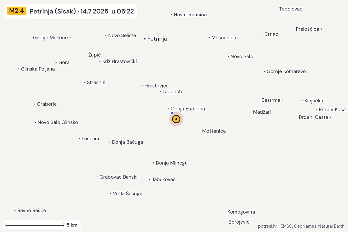 Karta: izvješća građana, potres M2,4, Petrinja (Sisak), 14.7.2025.