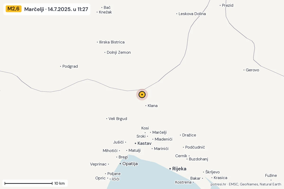 Karta: okolica epicentra, 60 km, potres M2,6, Marčelji, 14.7.2025.