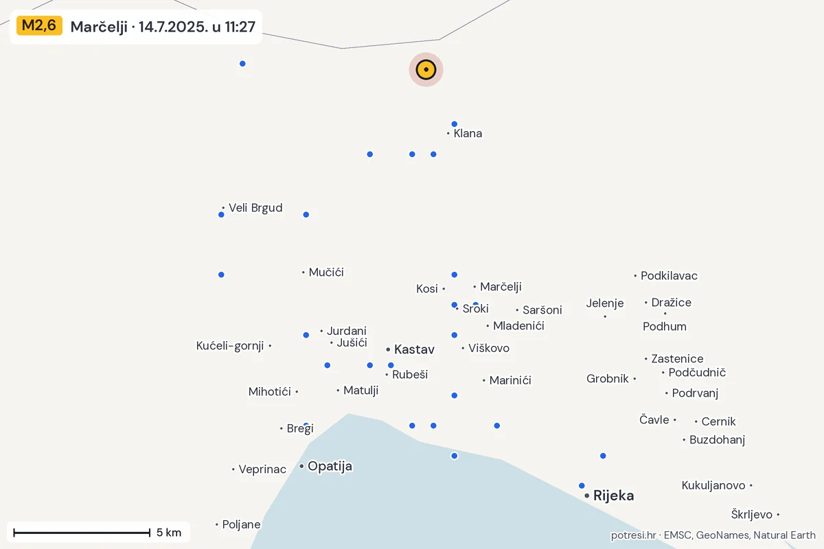 Karta: izvješća građana, potres M2,6, Marčelji, 14.7.2025.