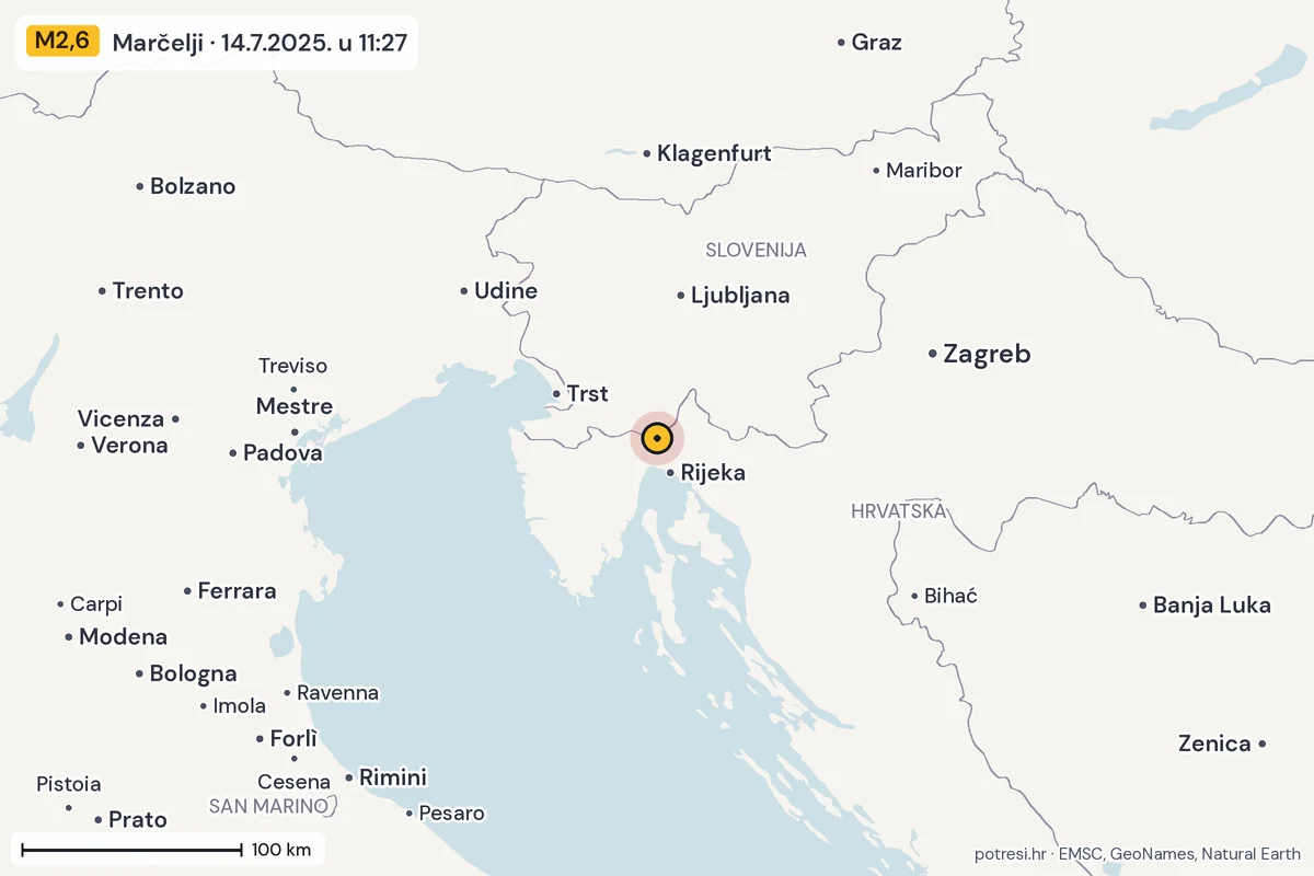 Karta: šire područje, 600 km, potres M2,6, Marčelji, 14.7.2025.