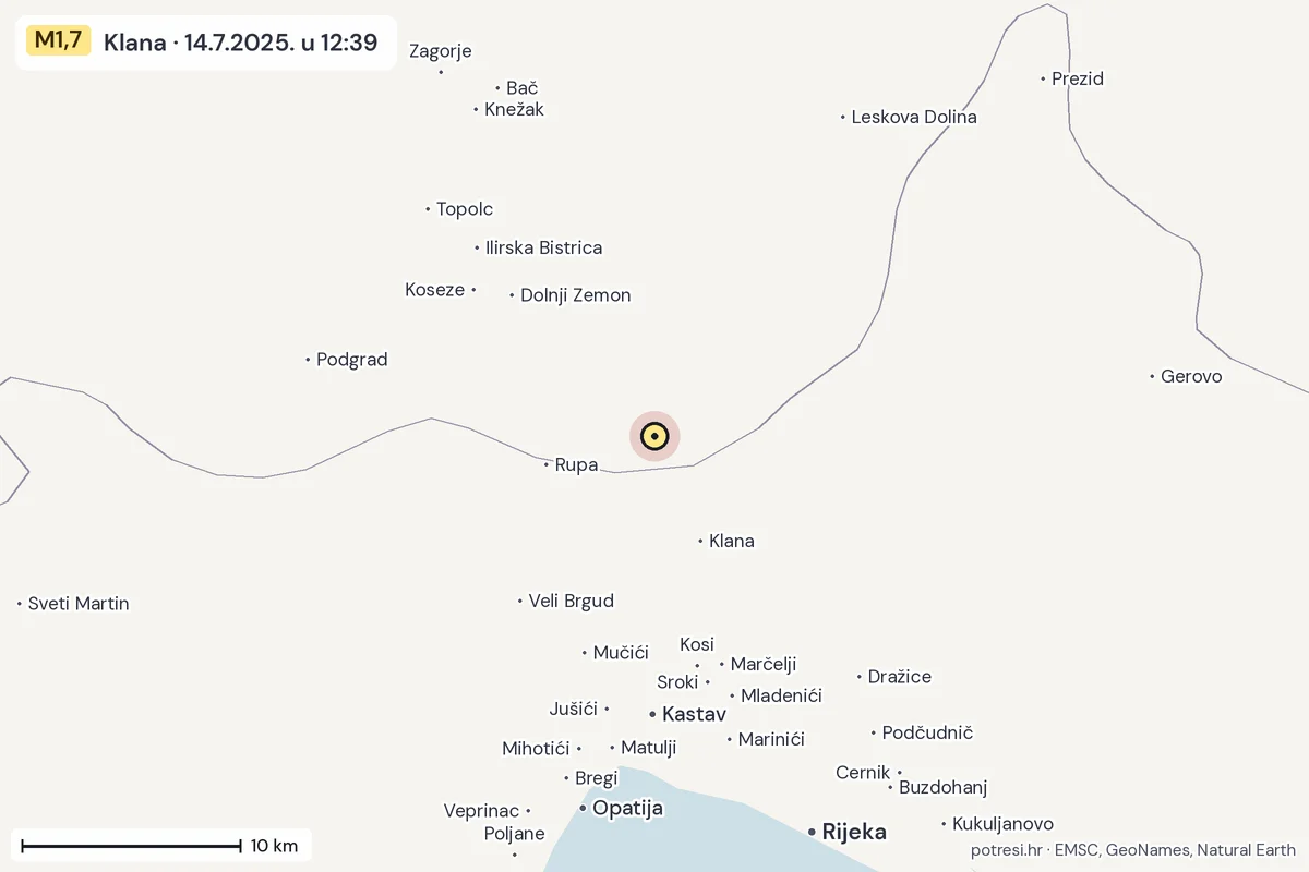 Karta: okolica epicentra, 60 km, potres M1,7, Klana, 14.7.2025.
