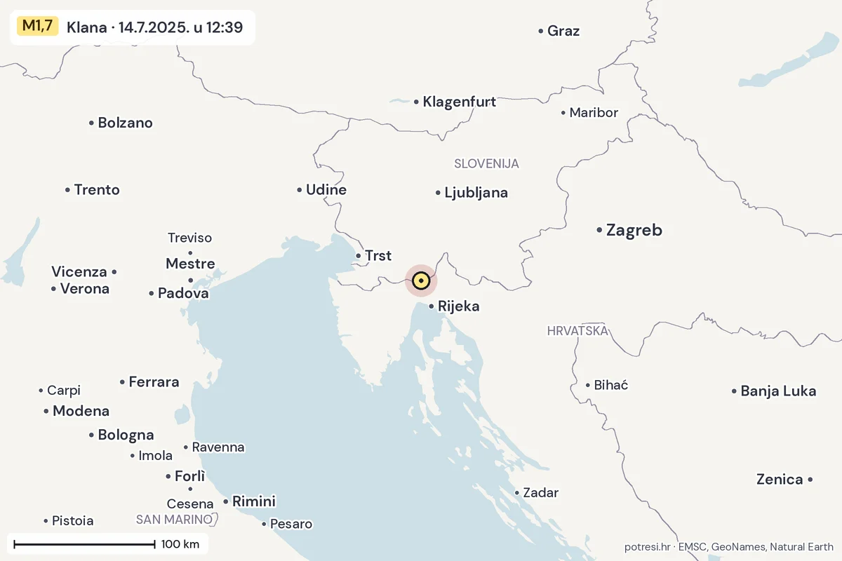 Karta: šire područje, 600 km, potres M1,7, Klana, 14.7.2025.