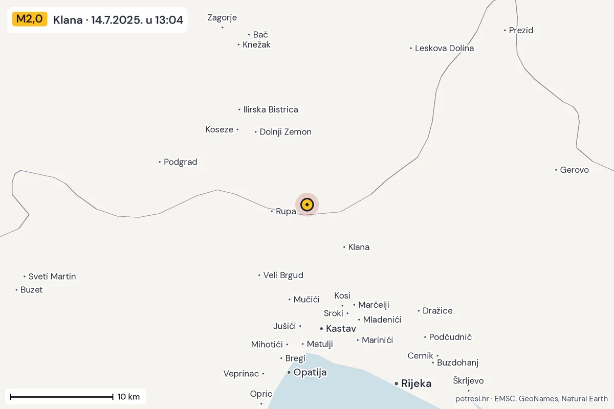 Karta: okolica epicentra, 60 km, potres M2,0, Klana, 14.7.2025.