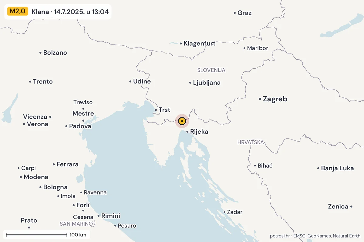 Karta: šire područje, 600 km, potres M2,0, Klana, 14.7.2025.