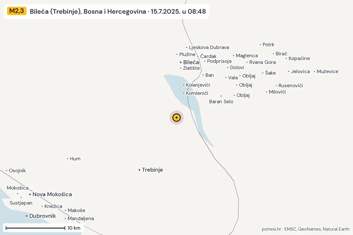 Karta: okolica epicentra, 60 km, potres M2,3, Bileća (Trebinje), Bosna i Hercegovina, 15.7.2025.