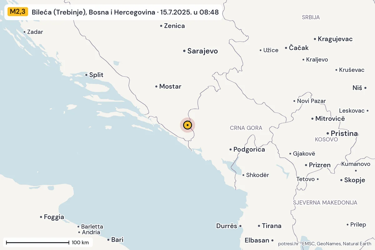 Karta: šire područje, 600 km, potres M2,3, Bileća (Trebinje), Bosna i Hercegovina, 15.7.2025.