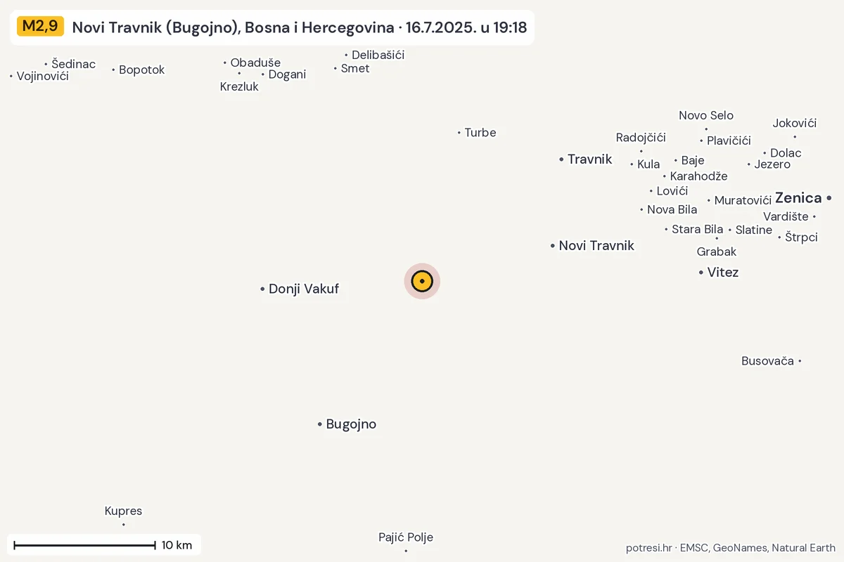 Karta: okolica epicentra, 60 km, potres M2,9, Novi Travnik (Bugojno), Bosna i Hercegovina, 16.7.2025.