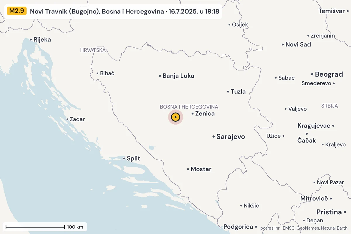 Karta: šire područje, 600 km, potres M2,9, Novi Travnik (Bugojno), Bosna i Hercegovina, 16.7.2025.